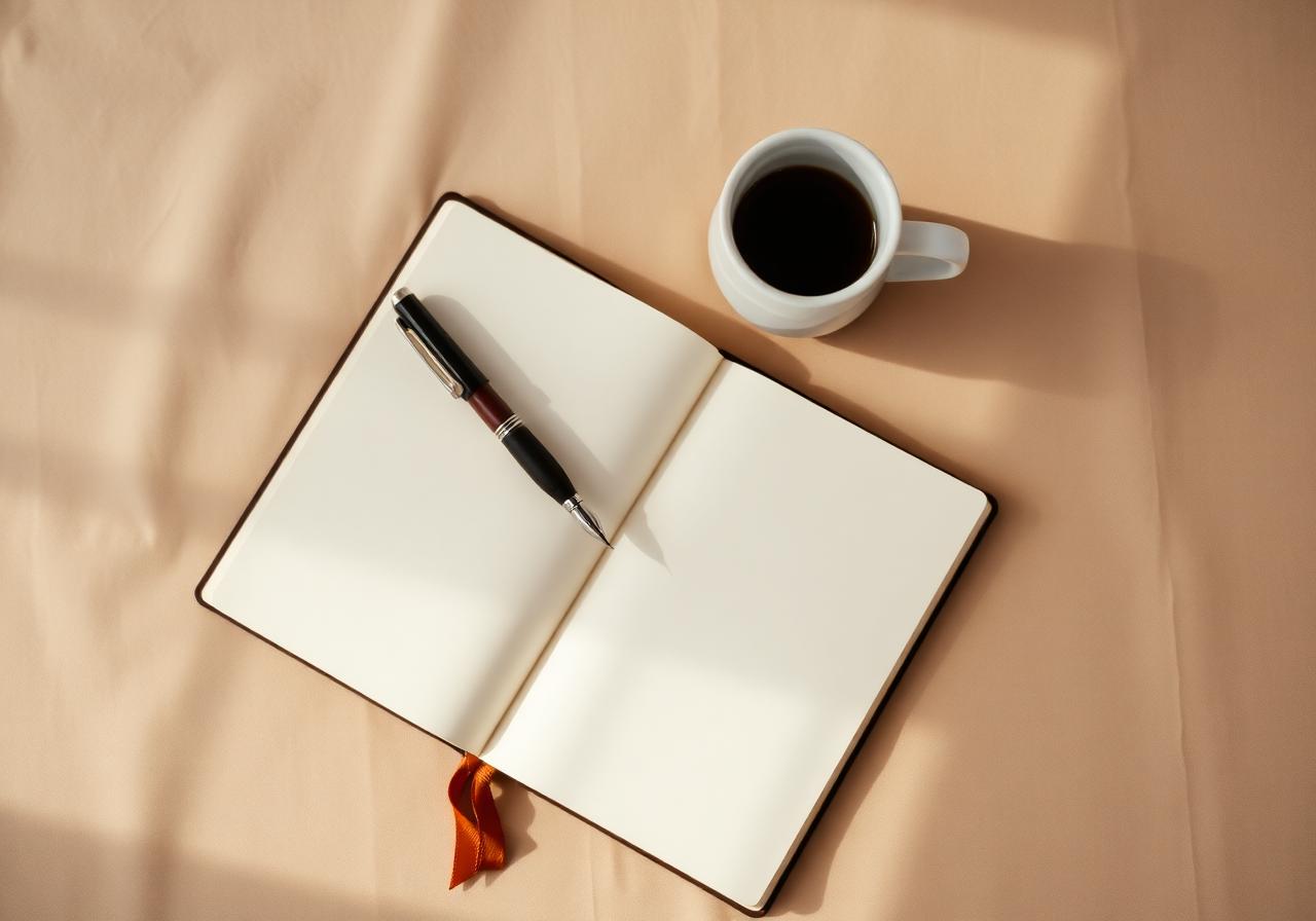 An open journal, a pen, and a coffee cup on warm linen